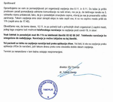 Cepljenje obvestilo za javnost